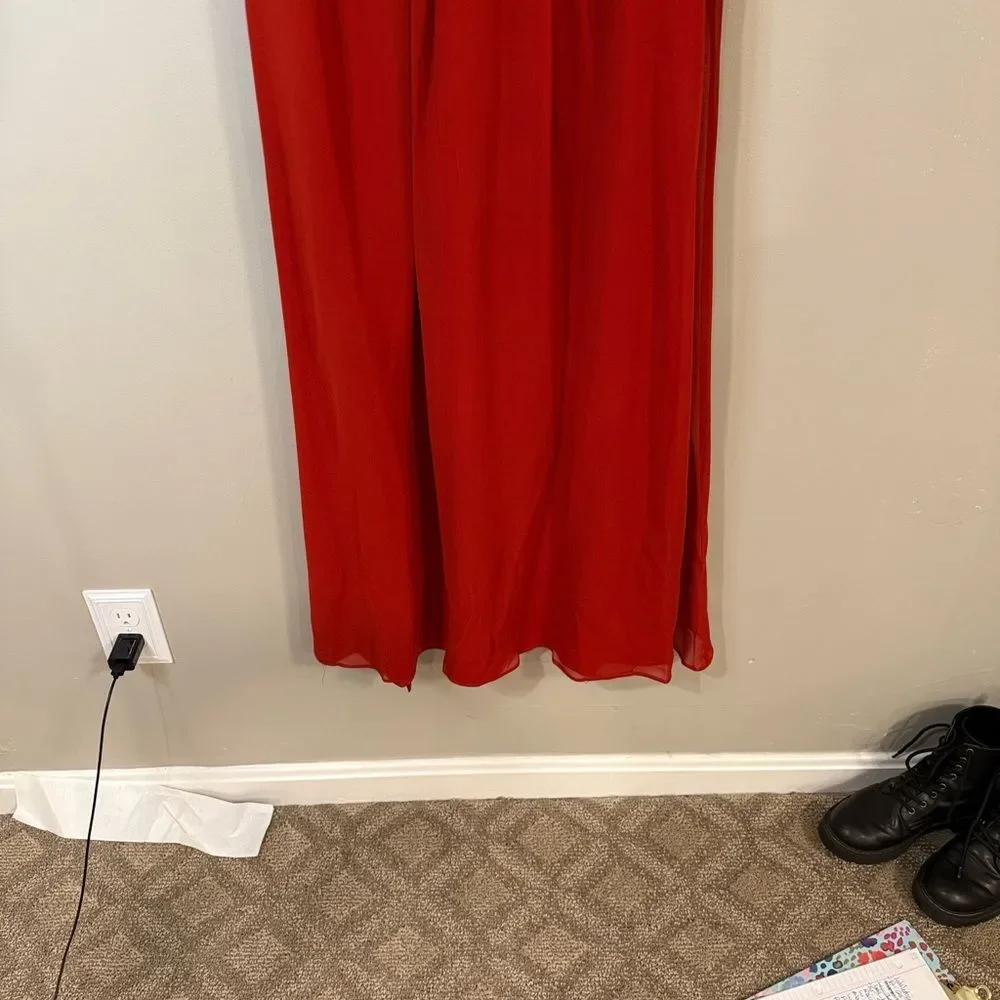 Bebe bright red flowy maxi dress‎ with unique halter top and gathered waist